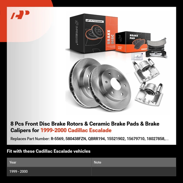 8 Pcs Front Disc Brake Rotors & Ceramic Brake Pads & Brake Calipers for 1999-2000 Cadillac Escalade