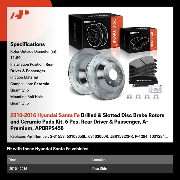 2010-2016 Hyundai Santa Fe Drilled & Slotted Disc Brake Rotors and Ceramic Pads Kit, 6 Pcs, Rear Driver & Passenger, A-Premium, APBRPS458