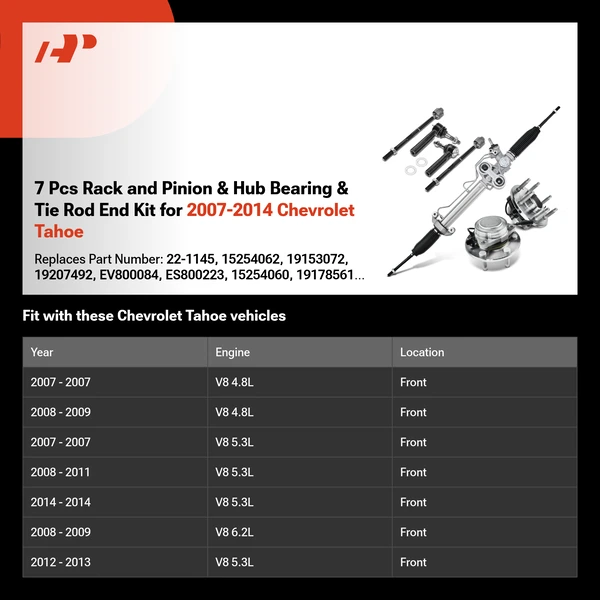 7 Pcs Rack and Pinion & Hub Bearing & Tie Rod End Kit for 2007-2014 Chevrolet Tahoe