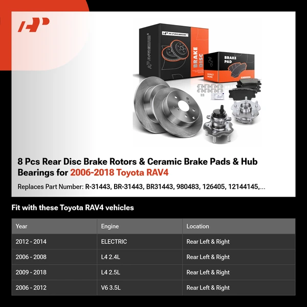 8 Pcs Rear Disc Brake Rotors & Ceramic Brake Pads & Hub Bearings for 2006-2018 Toyota RAV4
