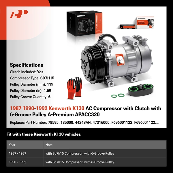 1987 1990-1992 Kenworth K130 AC Compressor with Clutch with 6-Groove Pulley A-Premium APACC320