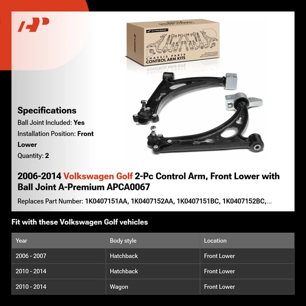 2006-2014 Volkswagen Golf 2-Pc Control Arm, Front Lower with Ball Joint A-Premium APCA0067