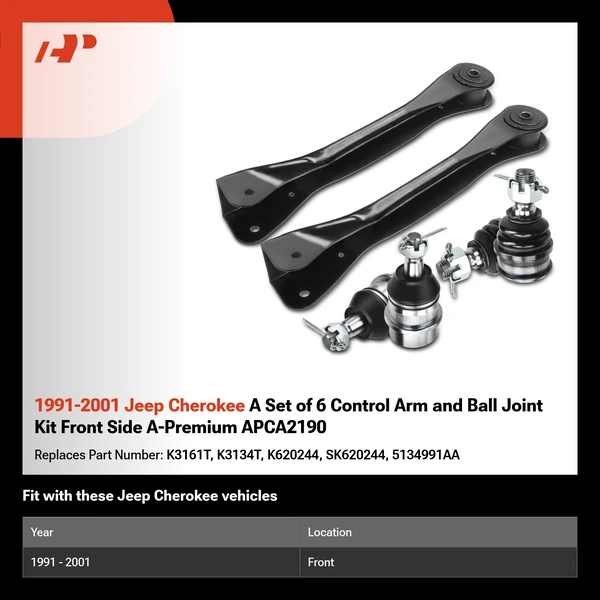 1991-2001 Jeep Cherokee A Set of 6 Control Arm and Ball Joint Kit Front Side A-Premium APCA2190
