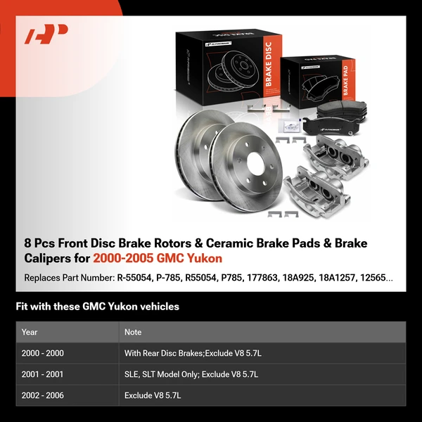 8 Pcs Front Disc Brake Rotors & Ceramic Brake Pads & Brake Calipers for 2000-2005 GMC Yukon