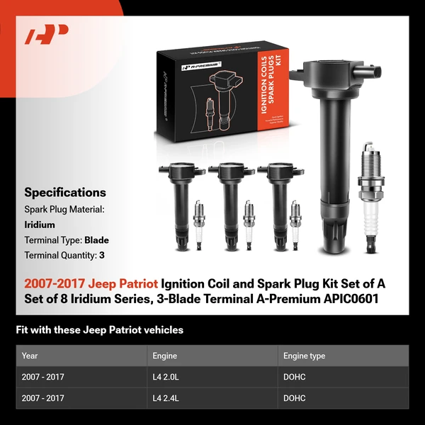 2007-2017 Jeep Patriot Ignition Coil and Spark Plug Kit Set of A Set of 8 Iridium Series, 3-Blade Terminal A-Premium APIC0601
