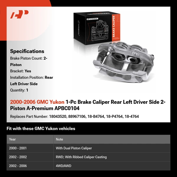 2000-2006 GMC Yukon 1-Pc Brake Caliper Rear Left Driver Side 2-Piston A-Premium APBC0104