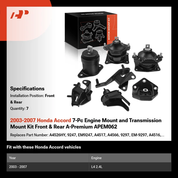 2003-2007 Honda Accord 7-Pc Engine Mount and Transmission Mount Kit Front & Rear A-Premium APEM062