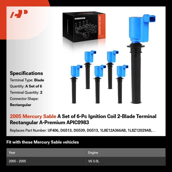 2005 Mercury Sable A Set of 6-Pc Ignition Coil 2-Blade Terminal Rectangular A-Premium APIC0983