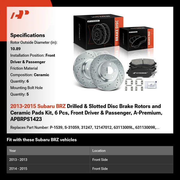 2013-2015 Subaru BRZ Drilled & Slotted Disc Brake Rotors and Ceramic Pads Kit, 6 Pcs, Front Driver & Passenger, A-Premium, APBRPS1423