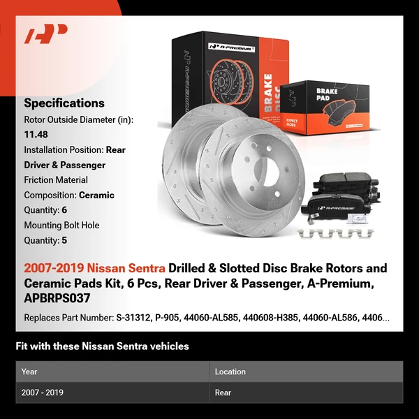 2007-2019 Nissan Sentra Drilled & Slotted Disc Brake Rotors and Ceramic Pads Kit, 6 Pcs, Rear Driver & Passenger, A-Premium, APBRPS037