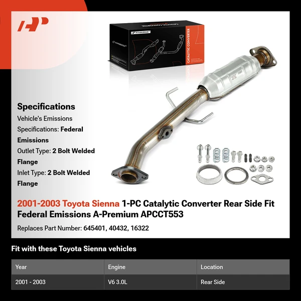 2001-2003 Toyota Sienna 1-PC Catalytic Converter Rear Side Fit Federal Emissions A-Premium APCCT553
