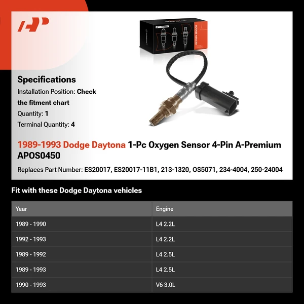 1989-1993 Dodge Daytona 1-Pc Oxygen Sensor 4-Pin A-Premium APOS0450