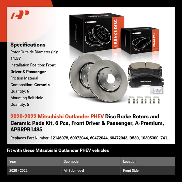 2020-2022 Mitsubishi Outlander PHEV Disc Brake Rotors and Ceramic Pads Kit, 6 Pcs, Front Driver & Passenger, A-Premium, APBRPR1485