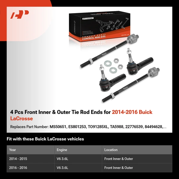 4 Pcs Front Inner & Outer Tie Rod Ends for 2014-2016 Buick LaCrosse