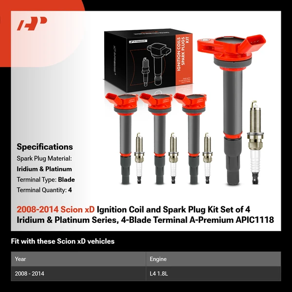 2008-2014 Scion xD Ignition Coil and Spark Plug Kit Set of 4 Iridium & Platinum Series, 4-Blade Terminal A-Premium APIC1118