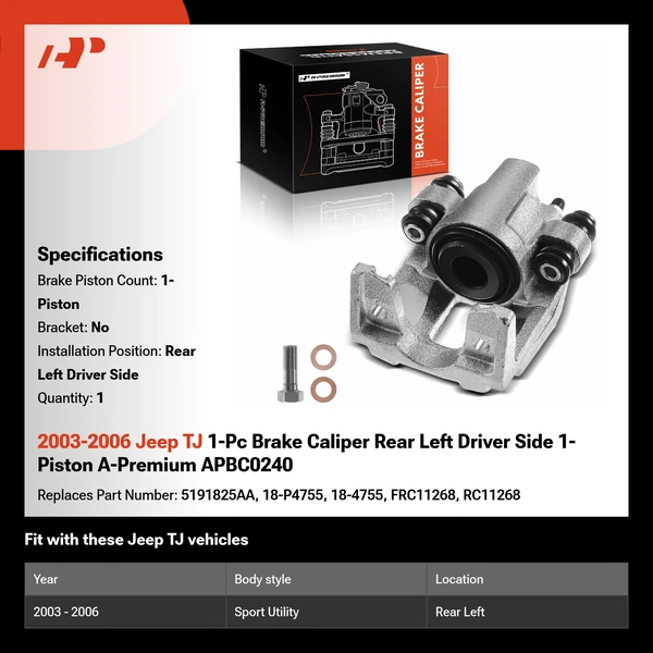 2003-2006 Jeep TJ 1-Pc Brake Caliper Rear Left Driver Side 1-Piston A-Premium APBC0240