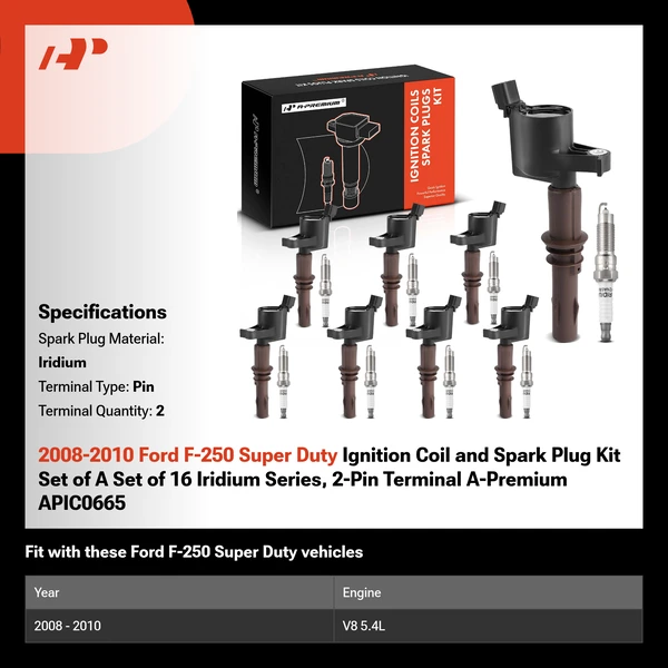 2008-2010 Ford F-250 Super Duty Ignition Coil and Spark Plug Kit Set of A Set of 16 Iridium Series, 2-Pin Terminal A-Premium APIC0665