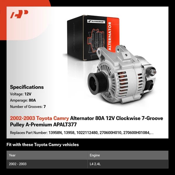 2002-2003 Toyota Camry Alternator 80A 12V Clockwise 7-Groove Pulley A-Premium APALT377