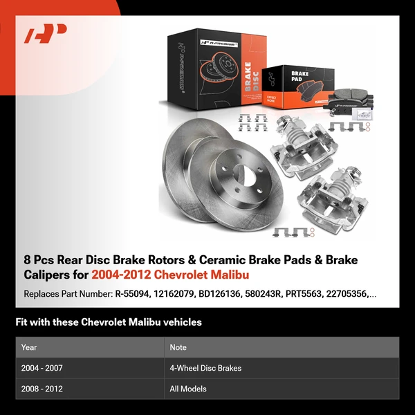 8 Pcs Rear Disc Brake Rotors & Ceramic Brake Pads & Brake Calipers for 2004-2012 Chevrolet Malibu
