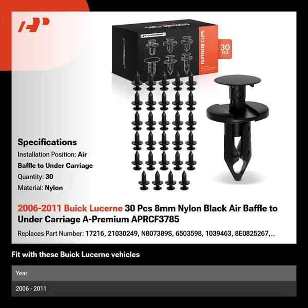2006-2011 Buick Lucerne 30 Pcs 8mm Nylon Black Air Baffle to Under Carriage A-Premium APRCF3785