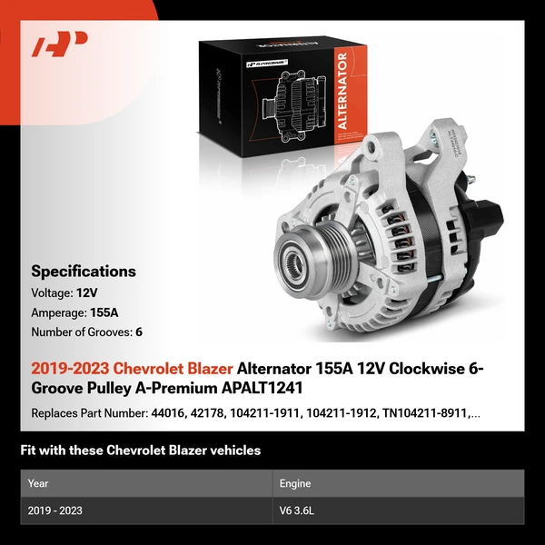 2019-2023 Chevrolet Blazer Alternator 155A 12V Clockwise 6-Groove Pulley A-Premium APALT1241