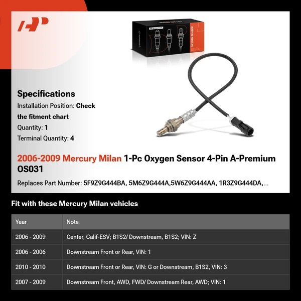 2006-2009 Mercury Milan 1-Pc Oxygen Sensor 4-Pin A-Premium OS031