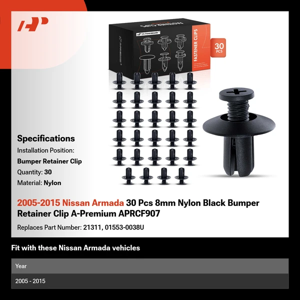 2005-2015 Nissan Armada 30 Pcs 8mm Nylon Black Bumper Retainer Clip A-Premium APRCF907