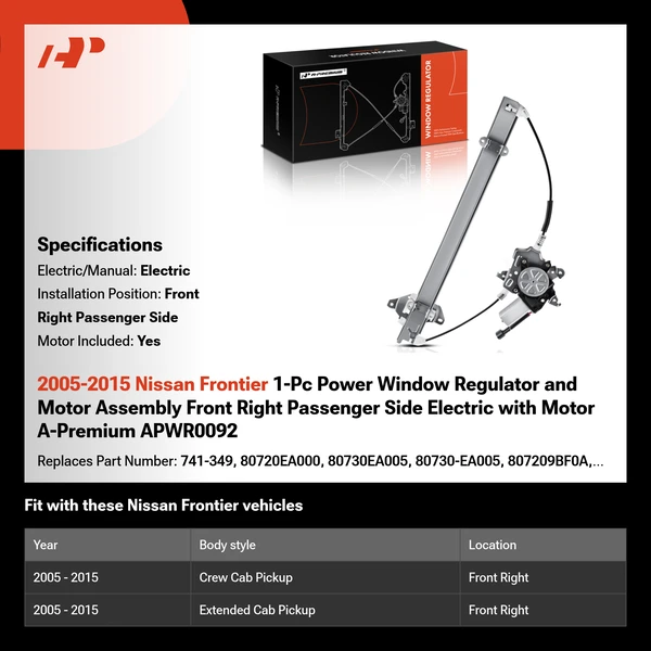 2005-2015 Nissan Frontier 1-Pc Power Window Regulator and Motor Assembly Front Right Passenger Side Electric with Motor A-Premium APWR0092