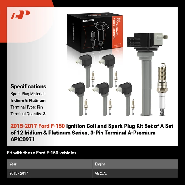 2015-2017 Ford F-150 Ignition Coil and Spark Plug Kit Set of A Set of 12 Iridium & Platinum Series, 3-Pin Terminal A-Premium APIC0971