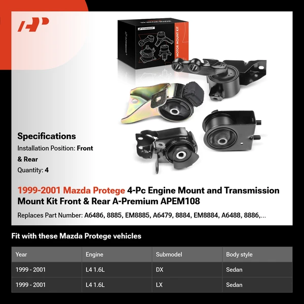 1999-2001 Mazda Protege 4-Pc Engine Mount and Transmission Mount Kit Front & Rear A-Premium APEM108