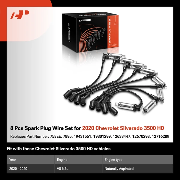 8 Pcs Spark Plug Wire Set for 2020 Chevrolet Silverado 3500 HD