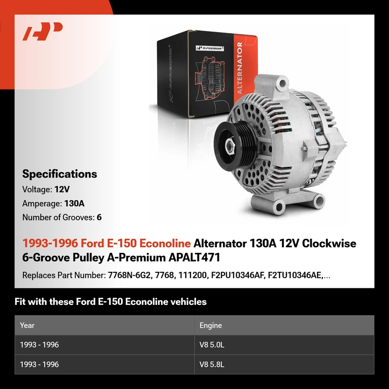 1993-1996 Ford E-150 Econoline Alternator 130A 12V Clockwise 6-Groove Pulley A-Premium APALT471