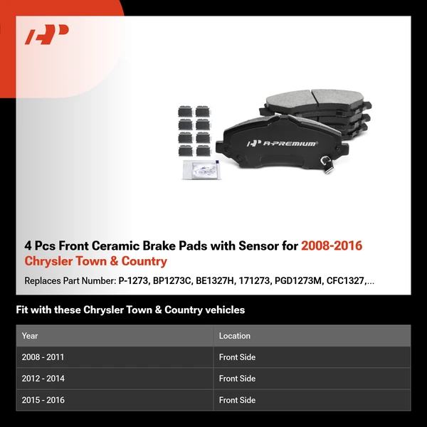 4 Pcs Front Ceramic Brake Pads with Sensor for 2008-2016 Chrysler Town & Country