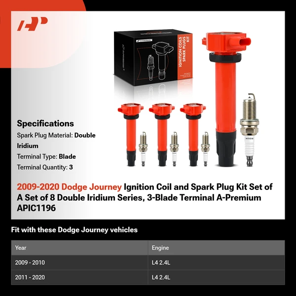 2009-2020 Dodge Journey Ignition Coil and Spark Plug Kit Set of A Set of 8 Double Iridium Series, 3-Blade Terminal A-Premium APIC1196