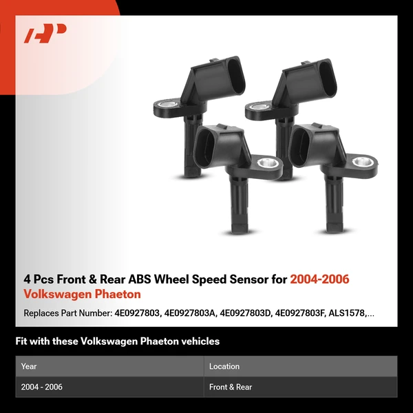 4 Pcs Front & Rear ABS Wheel Speed Sensor for 2004-2006 Volkswagen Phaeton