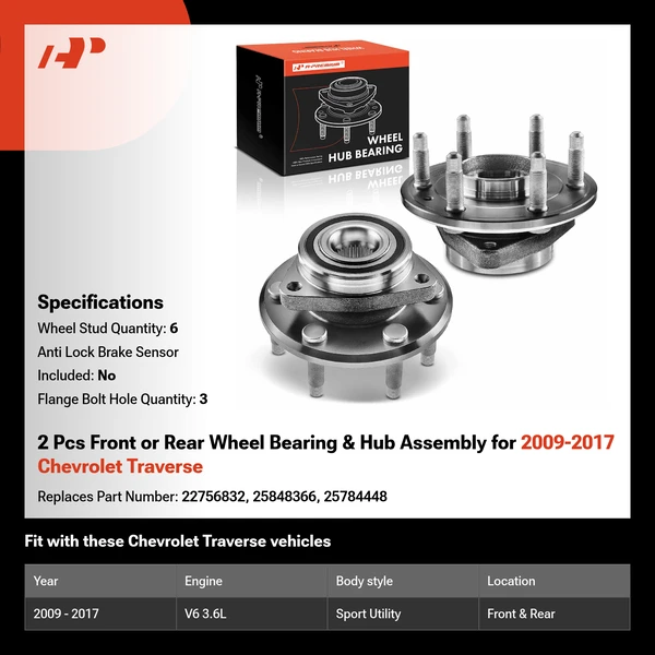 2 Pcs Front or Rear Wheel Bearing & Hub Assembly for 2009-2017 Chevrolet Traverse