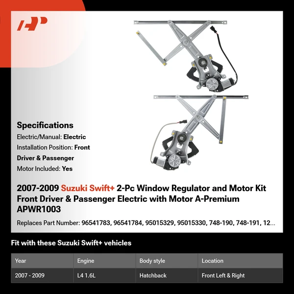 2007-2009 Suzuki Swift+ 2-Pc Window Regulator and Motor Kit Front Driver & Passenger Electric with Motor A-Premium APWR1003