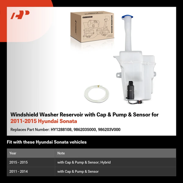 Windshield Washer Reservoir with Cap & Pump & Sensor for 2011-2015 Hyundai Sonata