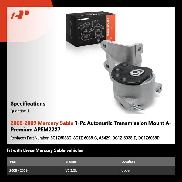 2008-2009 Mercury Sable 1-Pc Automatic Transmission Mount A-Premium APEM2227