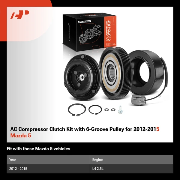 AC Compressor Clutch Kit with 6-Groove Pulley for 2012-2015 Mazda 5