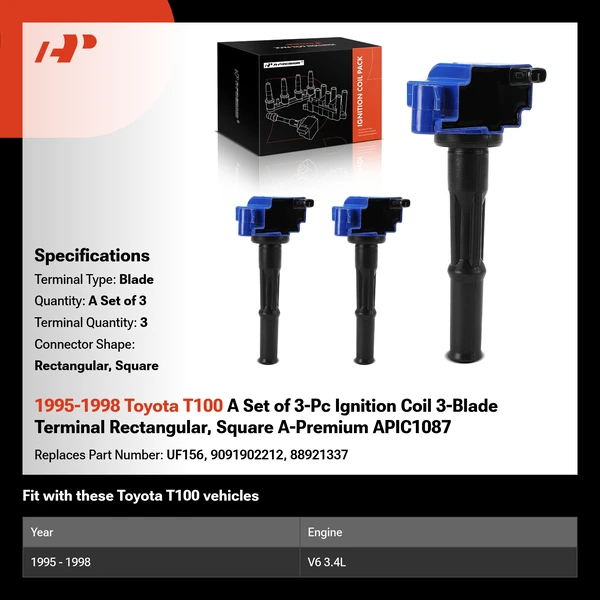 1995-1998 Toyota T100 A Set of 3-Pc Ignition Coil 3-Blade Terminal Rectangular, Square A-Premium APIC1087