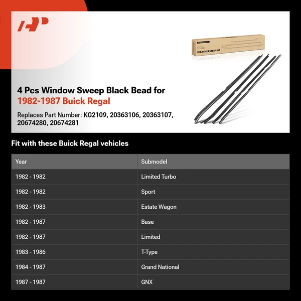 4 Pcs Window Sweep Black Bead for 1982-1987 Buick Regal