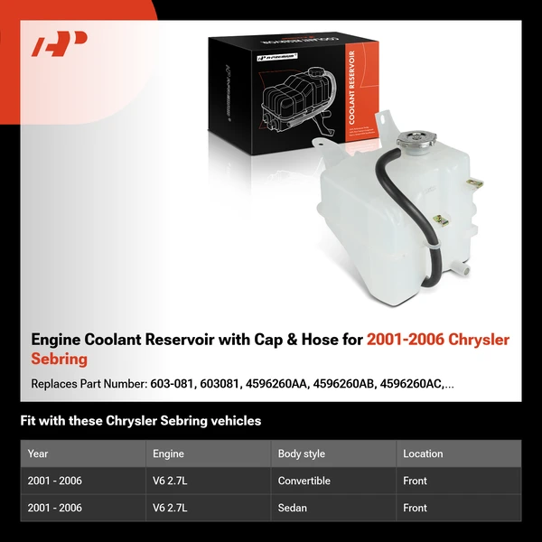 Engine Coolant Reservoir with Cap & Hose for 2001-2006 Chrysler Sebring