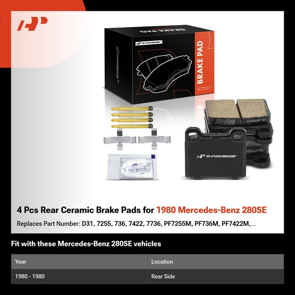 4 Pcs Rear Ceramic Brake Pads for 1980 Mercedes-Benz 280SE