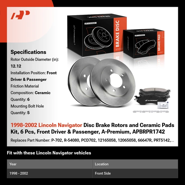 1998-2002 Lincoln Navigator Disc Brake Rotors and Ceramic Pads Kit, 6 Pcs, Front Driver & Passenger, A-Premium, APBRPR1742
