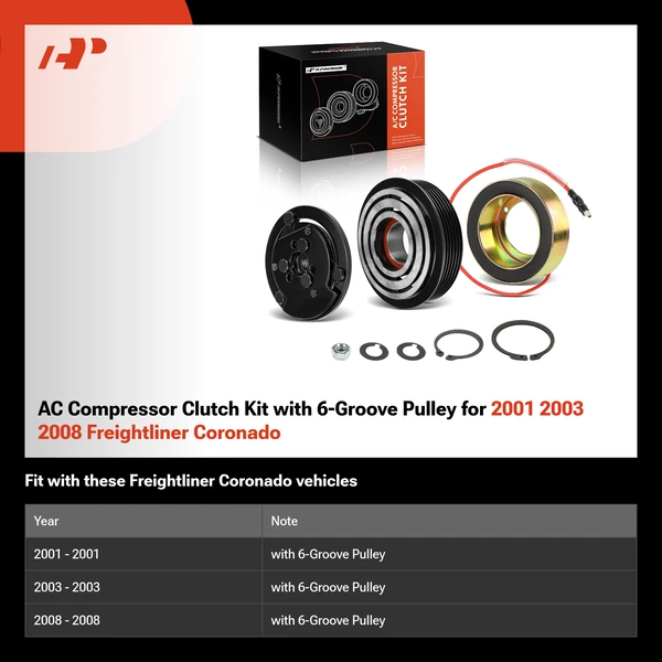 AC Compressor Clutch Kit with 6-Groove Pulley for 2001 2003 2008 Freightliner Coronado