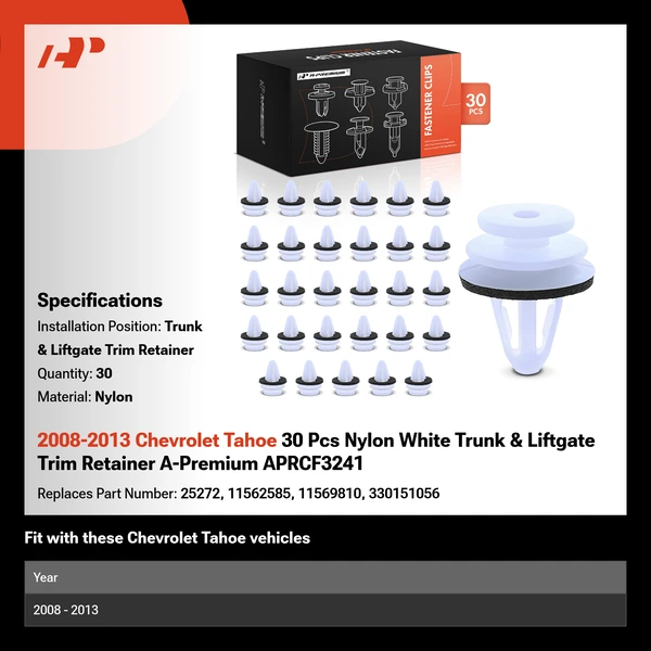 2008-2013 Chevrolet Tahoe 30 Pcs Nylon White Trunk & Liftgate Trim Retainer A-Premium APRCF3241