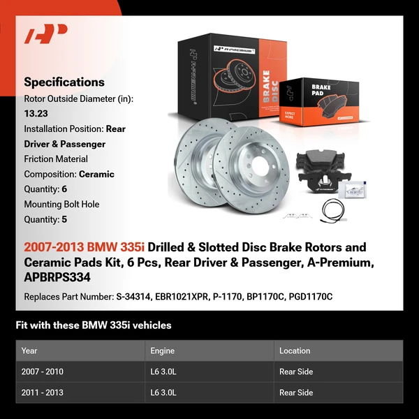 2007-2013 BMW 335i Drilled & Slotted Disc Brake Rotors and Ceramic Pads Kit, 6 Pcs, Rear Driver & Passenger, A-Premium, APBRPS334