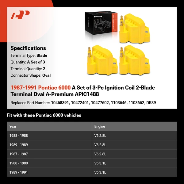 1987-1991 Pontiac 6000 A Set of 3-Pc Ignition Coil 2-Blade Terminal Oval A-Premium APIC1488