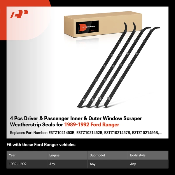 4 Pcs Driver & Passenger Inner & Outer Window Scraper Weatherstrip Seals for 1989-1992 Ford Ranger